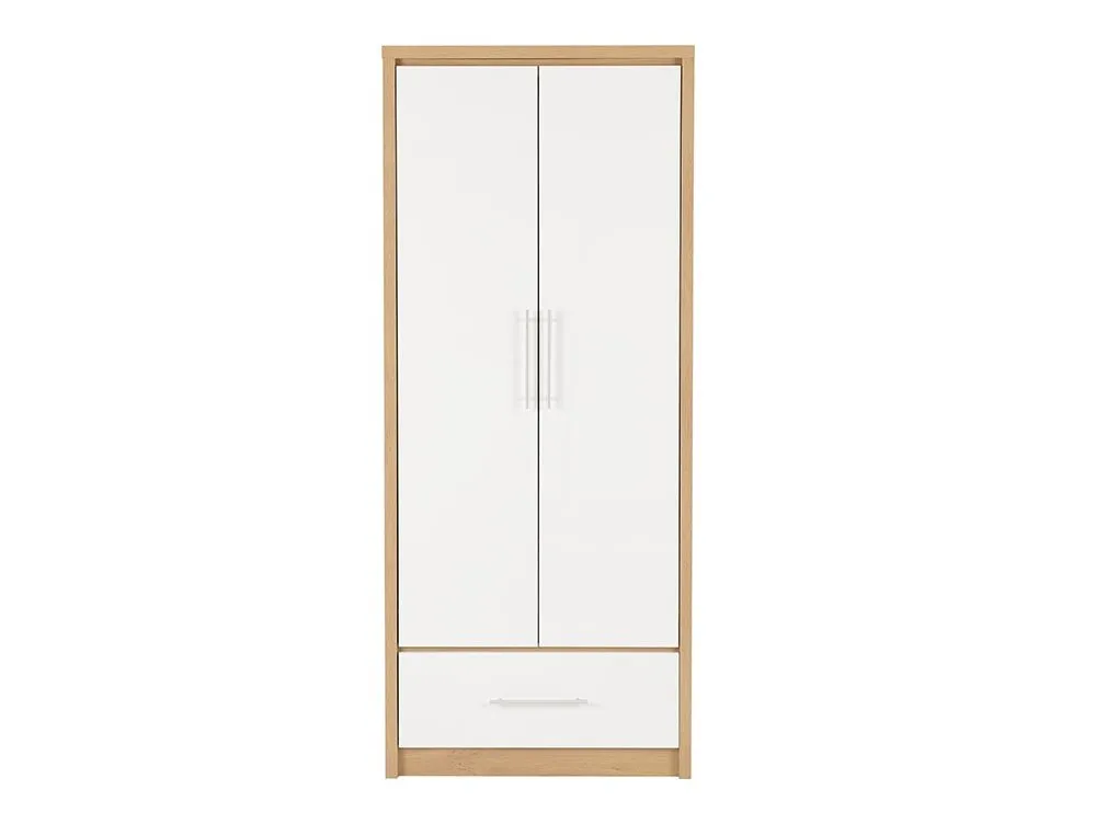 Seconique Seconique Seville White High Gloss and Oak 2 Door 1 Drawer Wardrobe