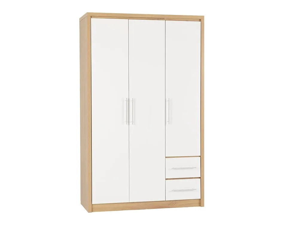 Seconique Seconique Seville White High Gloss and Oak 3 Door 2 Drawer Wardrobe