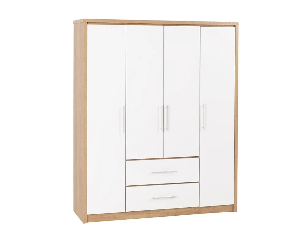 Seconique Seconique Seville White High Gloss and Oak 4 Door 2 Drawer Wardrobe