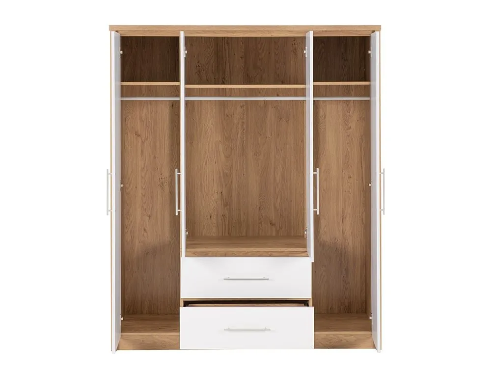 Seconique Seconique Seville White High Gloss and Oak 4 Door 2 Drawer Wardrobe