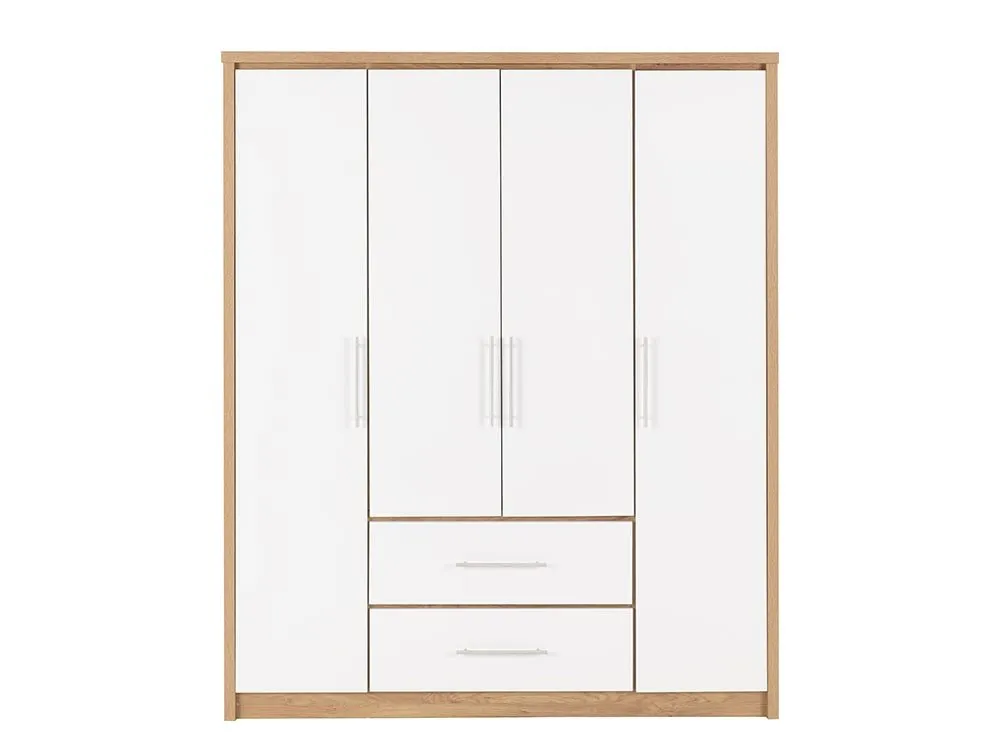 Seconique Seconique Seville White High Gloss and Oak 4 Door 2 Drawer Wardrobe