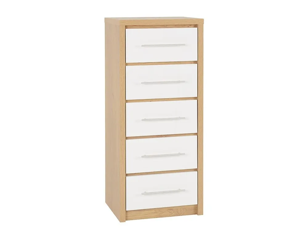 Seconique Seconique Seville White High Gloss and Oak 5 Drawer Tall Narrow Chest