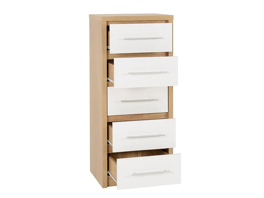 Seconique Seconique Seville White High Gloss and Oak 5 Drawer Tall Narrow Chest