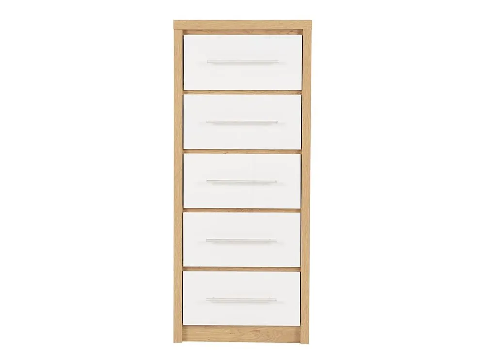 Seconique Seconique Seville White High Gloss and Oak 5 Drawer Tall Narrow Chest