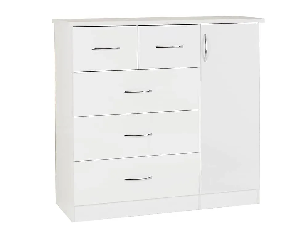 Seconique Seconique Nevada White High Gloss 1 Door 5 Drawer Chest of Drawers