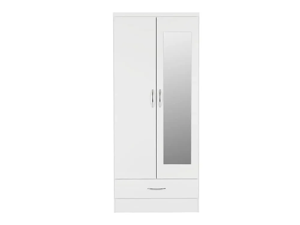 Seconique Seconique Nevada White High Gloss 2 Door 1 Drawer Mirrored Wardrobe
