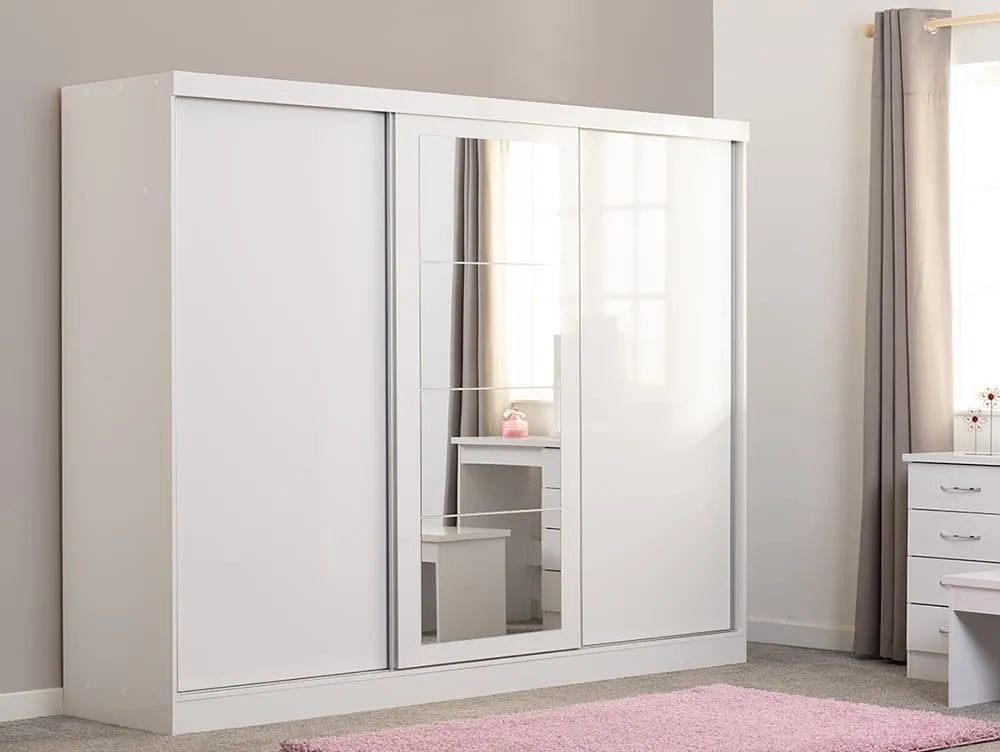 Seconique Seconique Nevada White High Gloss Sliding Mirrored Triple Wardrobe