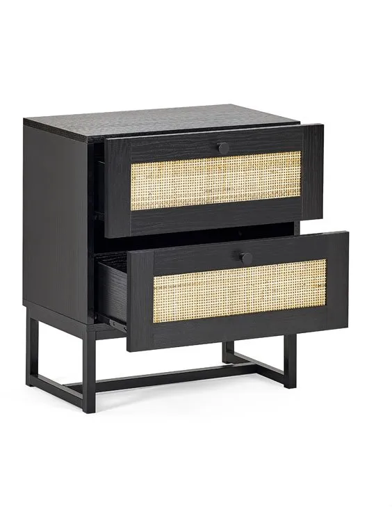 Julian Bowen Julian Bowen Padstow Black and Rattan 2 Drawer Bedside Table