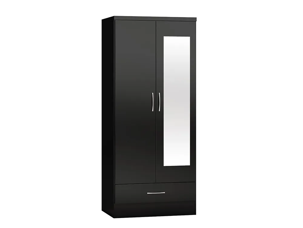 Seconique Seconique Nevada Black High Gloss 2 Door 1 Drawer Mirrored Wardrobe