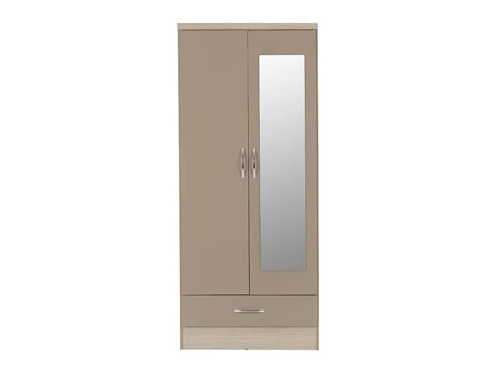 Seconique Seconique Nevada Oyster Gloss and Oak 2 Door 1 Drawer Mirrored Wardrobe