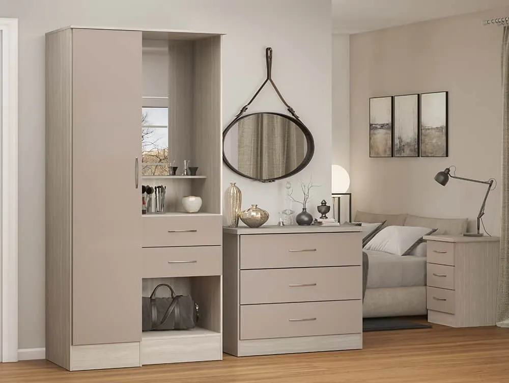 Seconique Seconique Nevada Oyster Gloss and Oak 1 Door 2 Drawer Mirrored Wardrobe