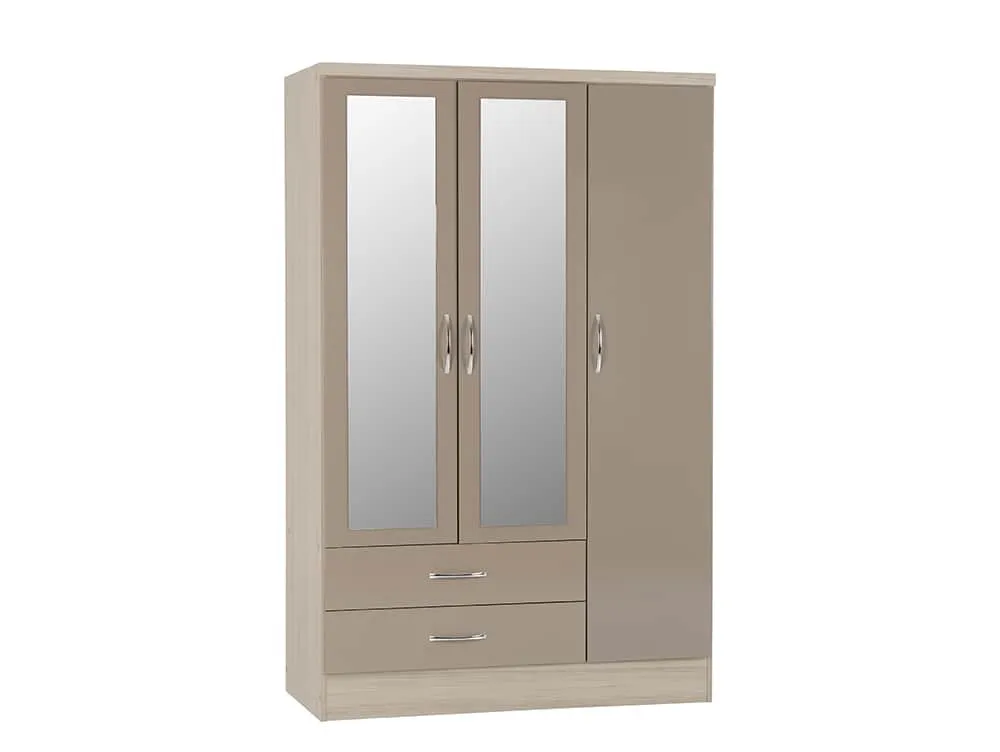 Seconique Seconique Nevada Oyster Gloss and Oak 3 Door 2 Drawer Mirrored Wardrobe