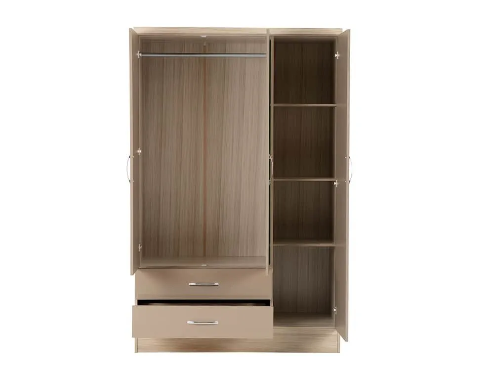 Seconique Seconique Nevada Oyster Gloss and Oak 3 Door 2 Drawer Mirrored Wardrobe