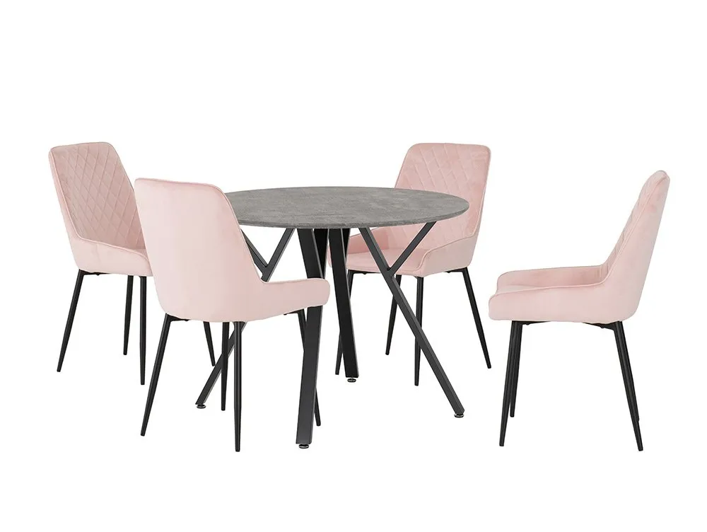 Seconique Seconique Athens Concrete Effect Round Dining Table with 4 Avery Pink Velvet Chairs