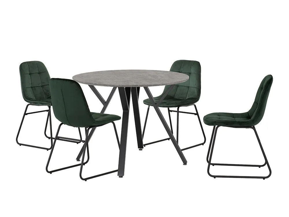 Seconique Seconique Athens Concrete Effect Round Dining Table with 4 Lukas Green Velvet Chairs