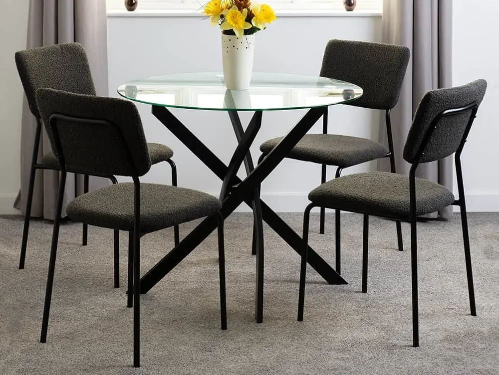 Seconique Seconique Sheldon Glass and Black Dining Table and 4 Grey Boucle Fabric Chairs