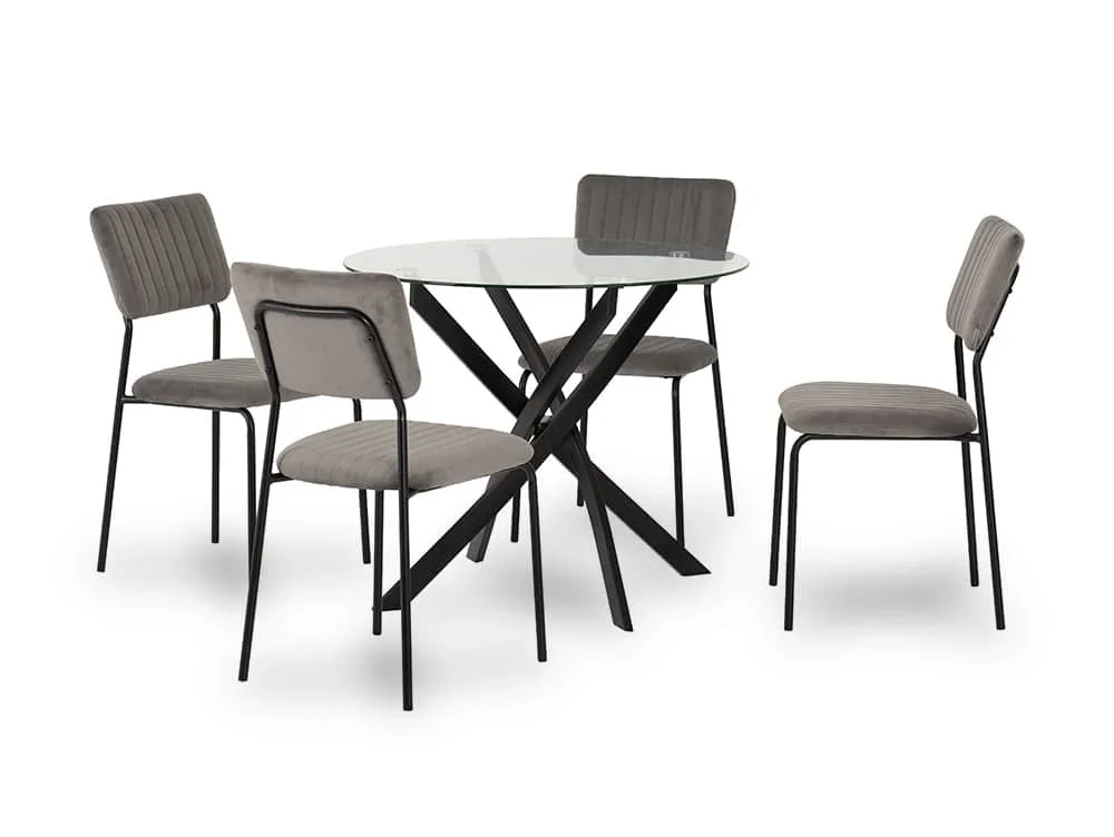 Seconique Seconique Sheldon Glass and Black Dining Table and 4 Grey Velvet Chairs