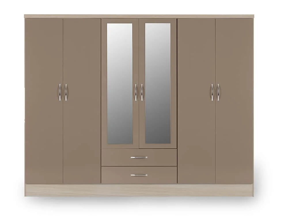 Seconique Seconique Nevada Oyster Gloss and Oak 6 Door 2 Drawer Mirrored Wardrobe