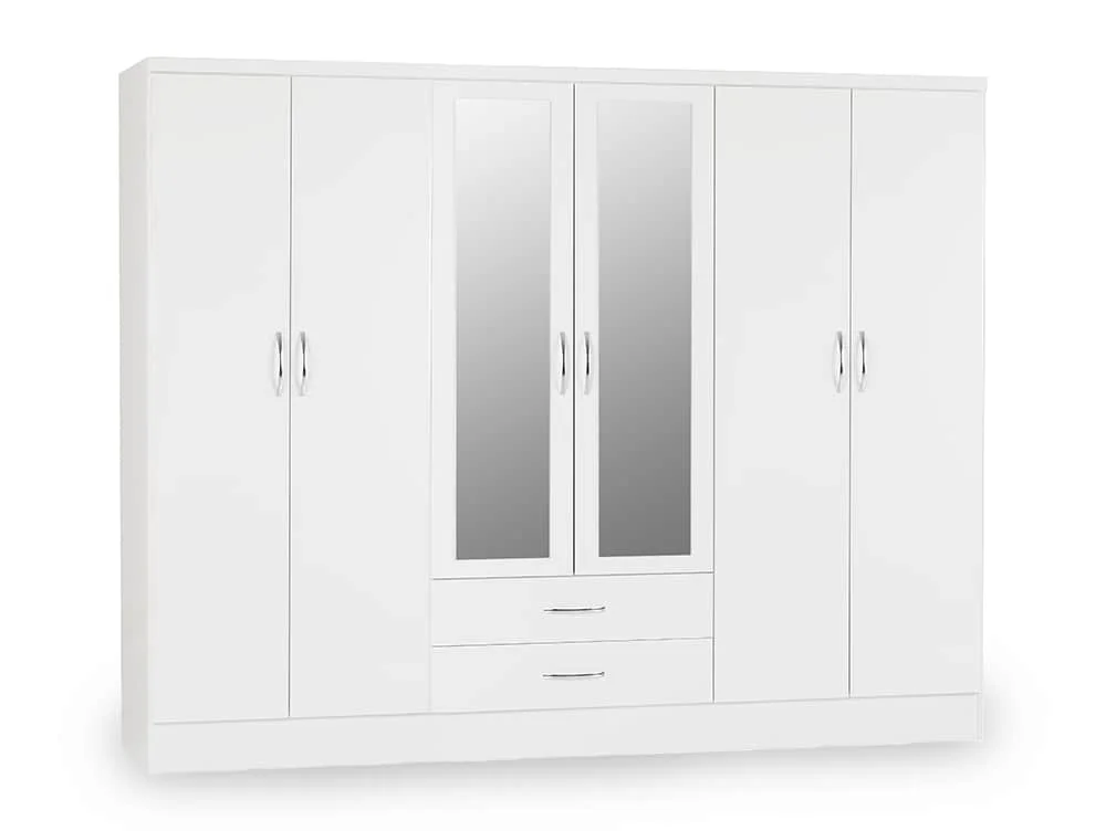 Seconique Seconique Nevada White High Gloss 6 Door 2 Drawer Mirrored Wardrobe