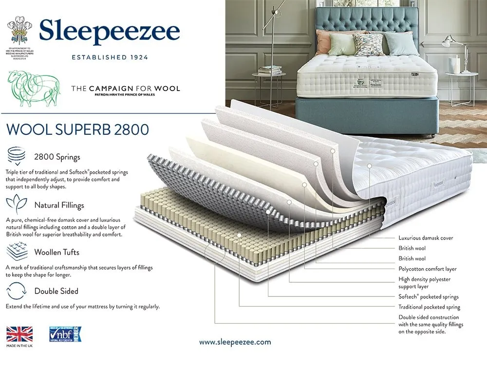 Sleepeezee Sleepeezee Wool Superb Natural Pocket 2800 5ft King Size Mattress