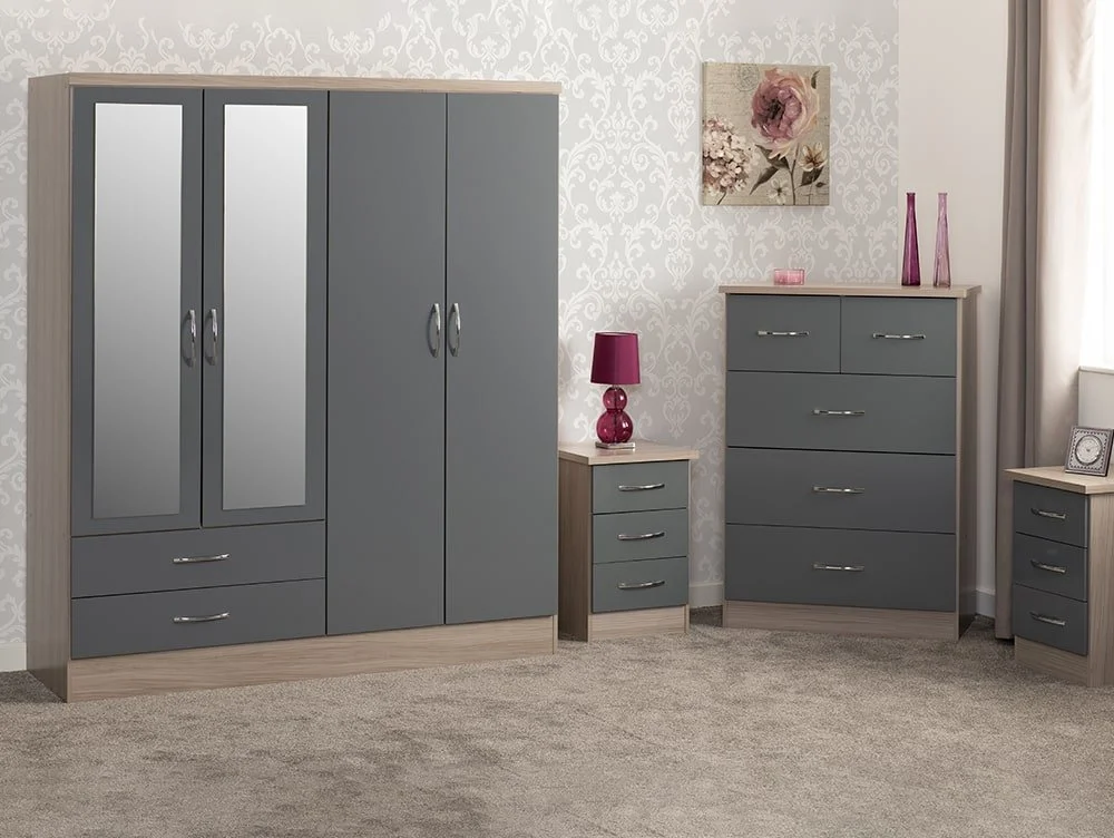 Seconique Seconique Nevada Grey Gloss and Oak 4 Piece Large Bedroom Furniture Package