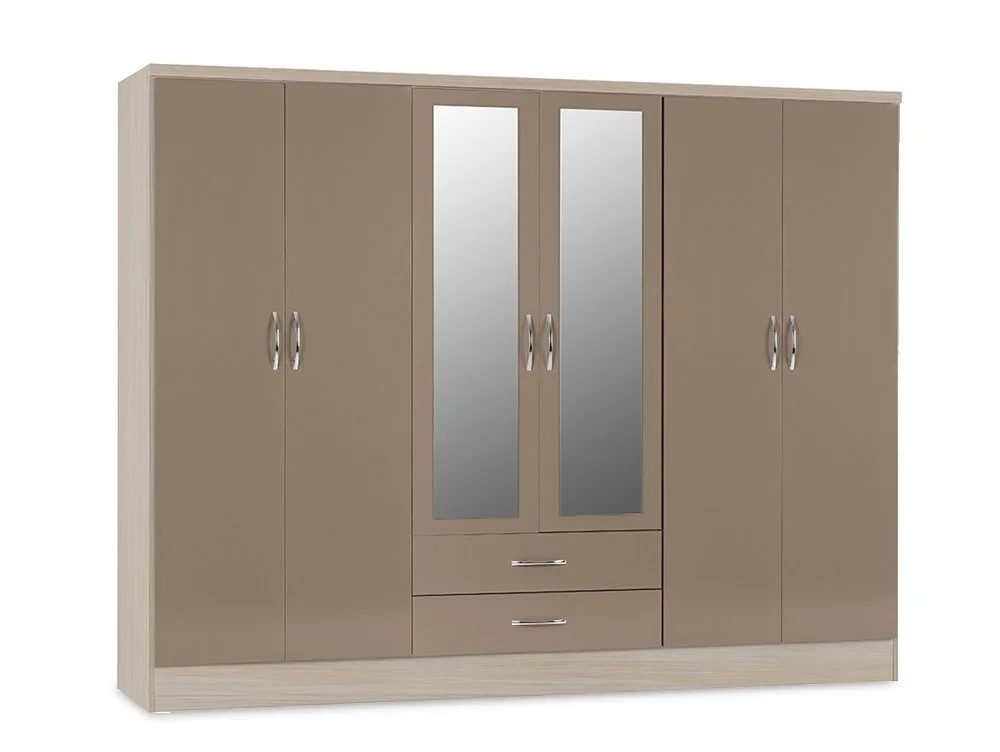 Seconique Seconique Nevada Oyster Gloss and Oak 6 Door 2 Drawer Mirrored Wardrobe