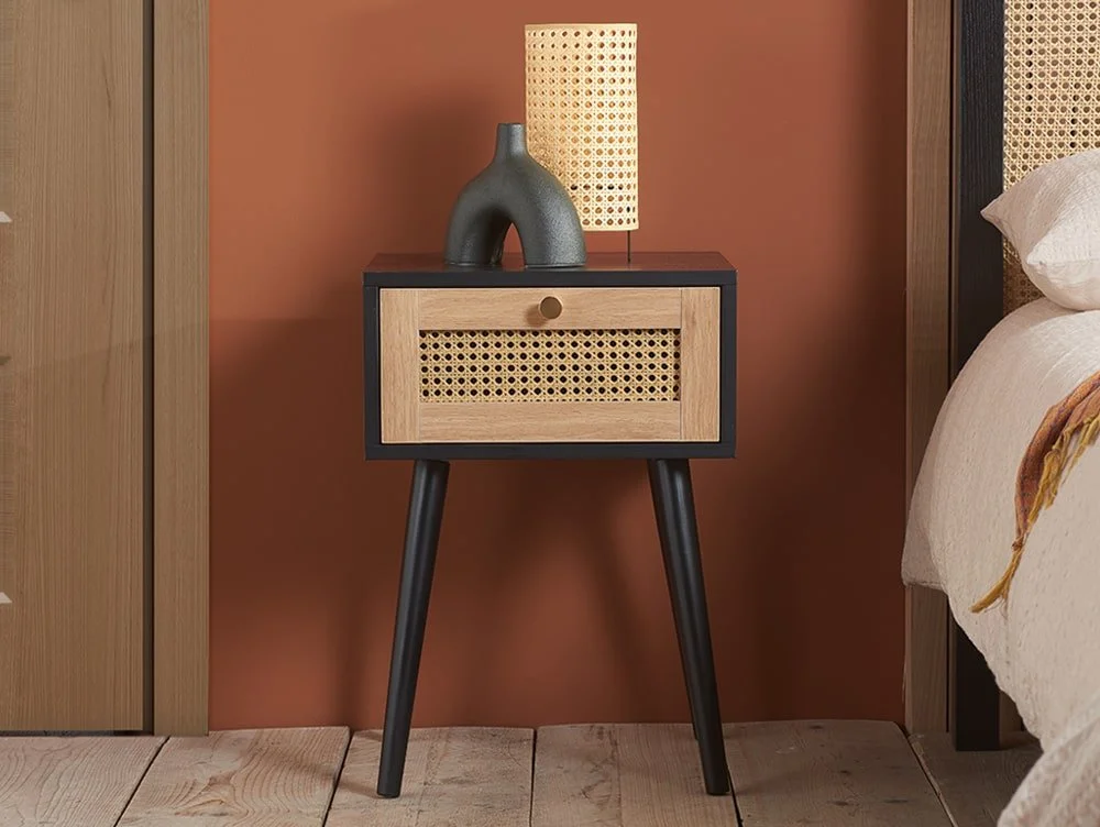 Birlea Birlea Croxley Rattan and Black 1 Drawer Bedside Table