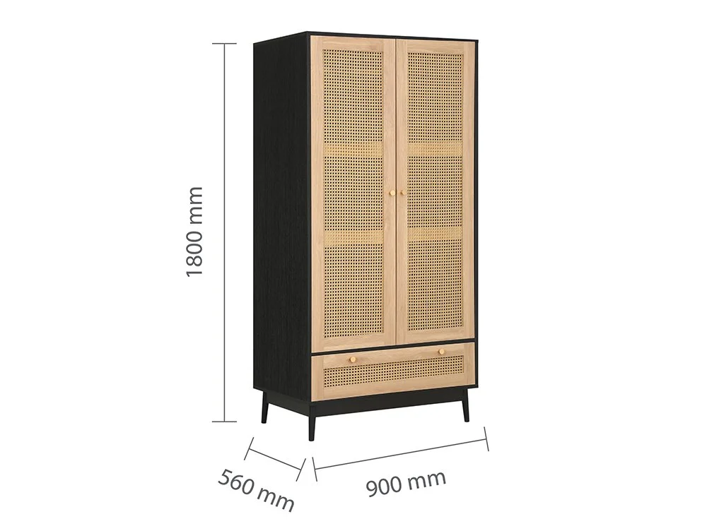 Birlea Birlea Croxley Rattan and Black 2 Door 1 Drawer Wardrobe