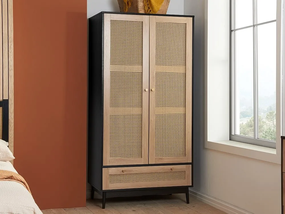 Birlea Birlea Croxley Rattan and Black 2 Door 1 Drawer Wardrobe