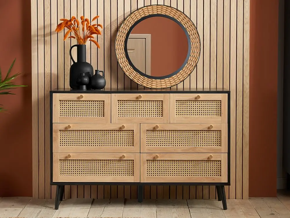 Birlea Birlea Croxley Rattan and Black 7 Drawer Chest of Drawers