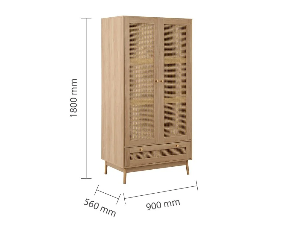 Birlea Furniture & Beds Birlea Croxley Rattan and Oak 2 Door 1 Drawer Wardrobe