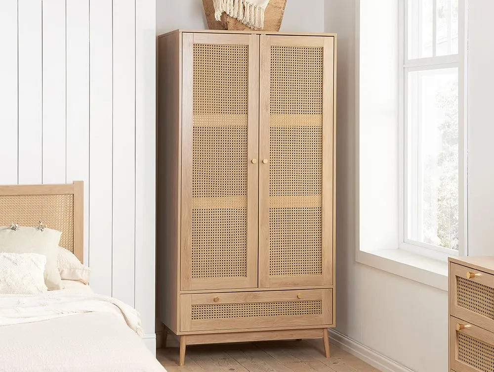 Birlea Birlea Croxley Rattan and Oak 2 Door 1 Drawer Wardrobe