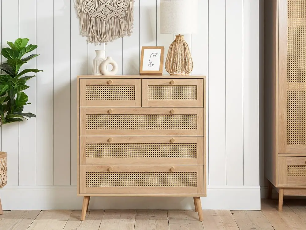 Birlea Birlea Croxley Rattan and Oak 3+2 Drawer Chest of Drawers