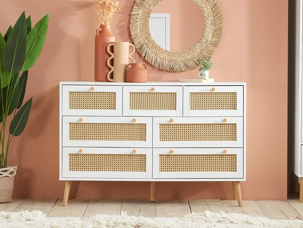 Birlea Furniture & Beds Birlea Croxley Rattan and White 7 Drawer Chest of Drawers