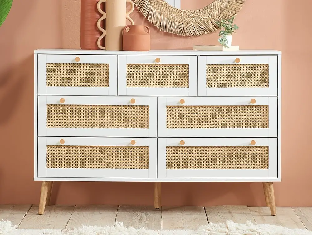 Birlea Furniture & Beds Birlea Croxley Rattan and White 7 Drawer Chest of Drawers