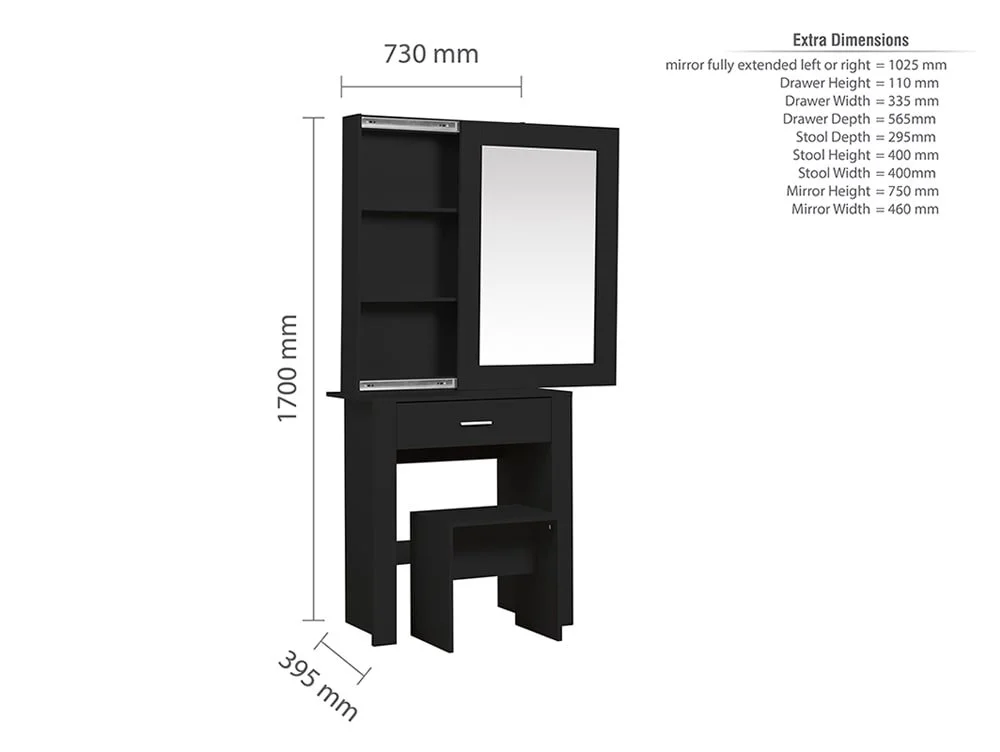 Birlea Furniture & Beds Birlea Evelyn Black 1 Drawer Storage Dressing Table and Stool