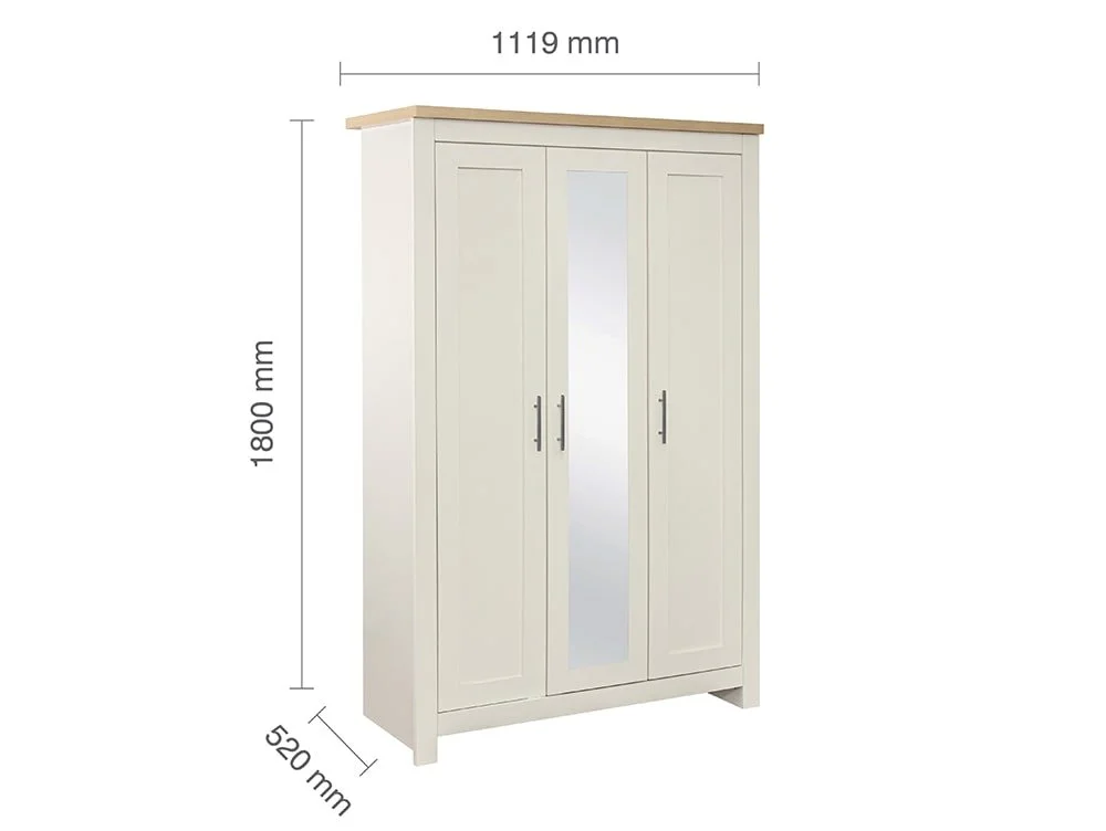 Birlea Furniture & Beds Birlea Highgate Cream and Oak 3 Door Mirrored Wardrobe