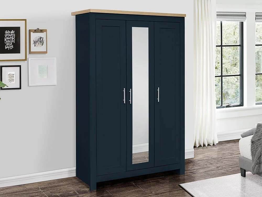 Birlea Furniture & Beds Birlea Highgate Navy and Oak 3 Door Mirrored Wardrobe