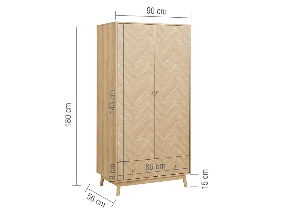 Birlea Birlea Herringford Light Oak 2 Door 1 Drawer Wardrobe