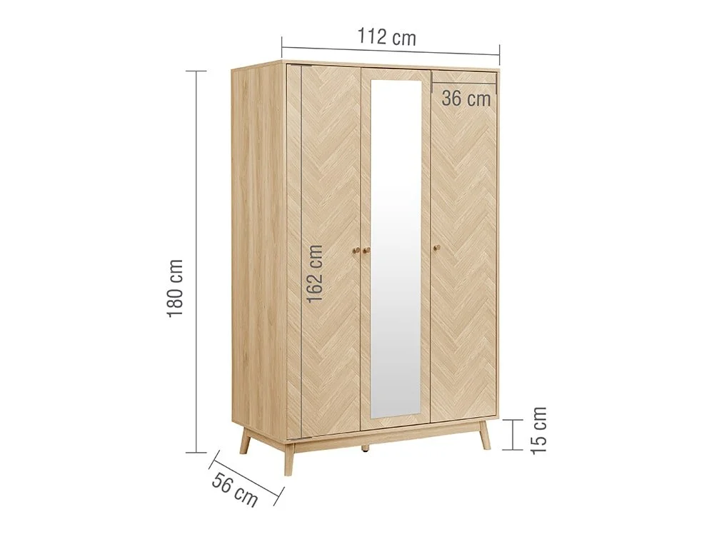 Birlea Birlea Herringford Light Oak 3 Door Mirrored Wardrobe