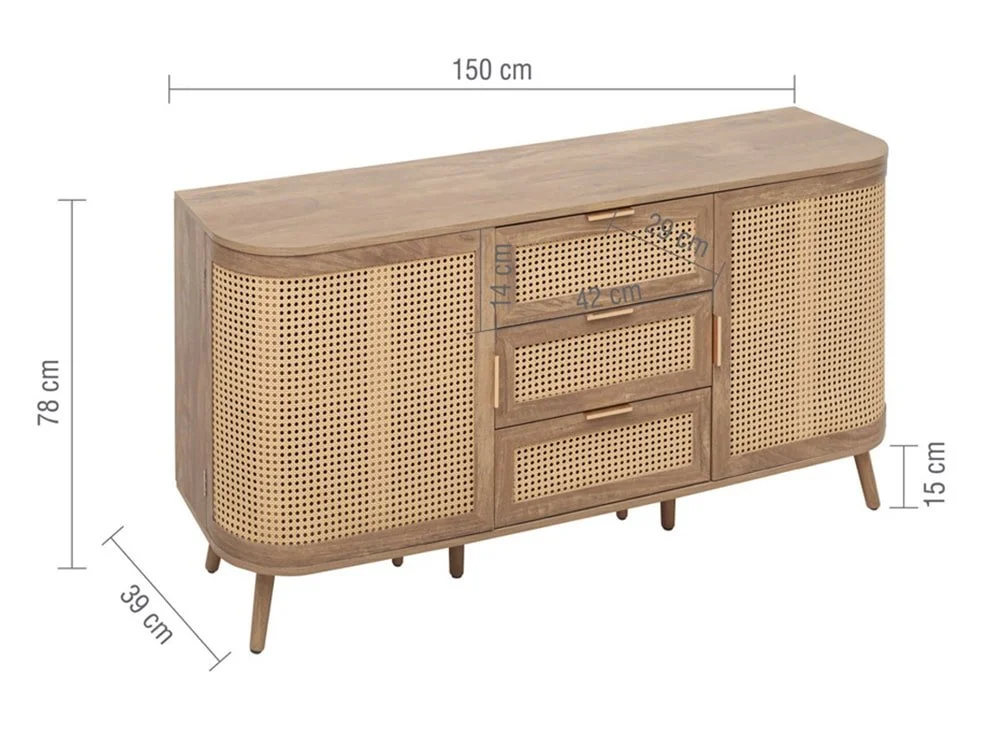 Birlea Birlea Noah Rattan and Oak 2 Door 3 Drawer Sideboard