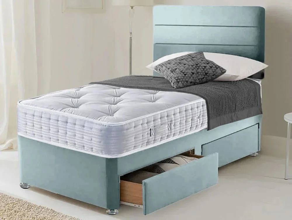 Deluxe Clearance - Deluxe Buckingham Pocket 1000 3ft6 Large Single 2 Drawer Divan Bed in Hopsack Duck Egg Finish
