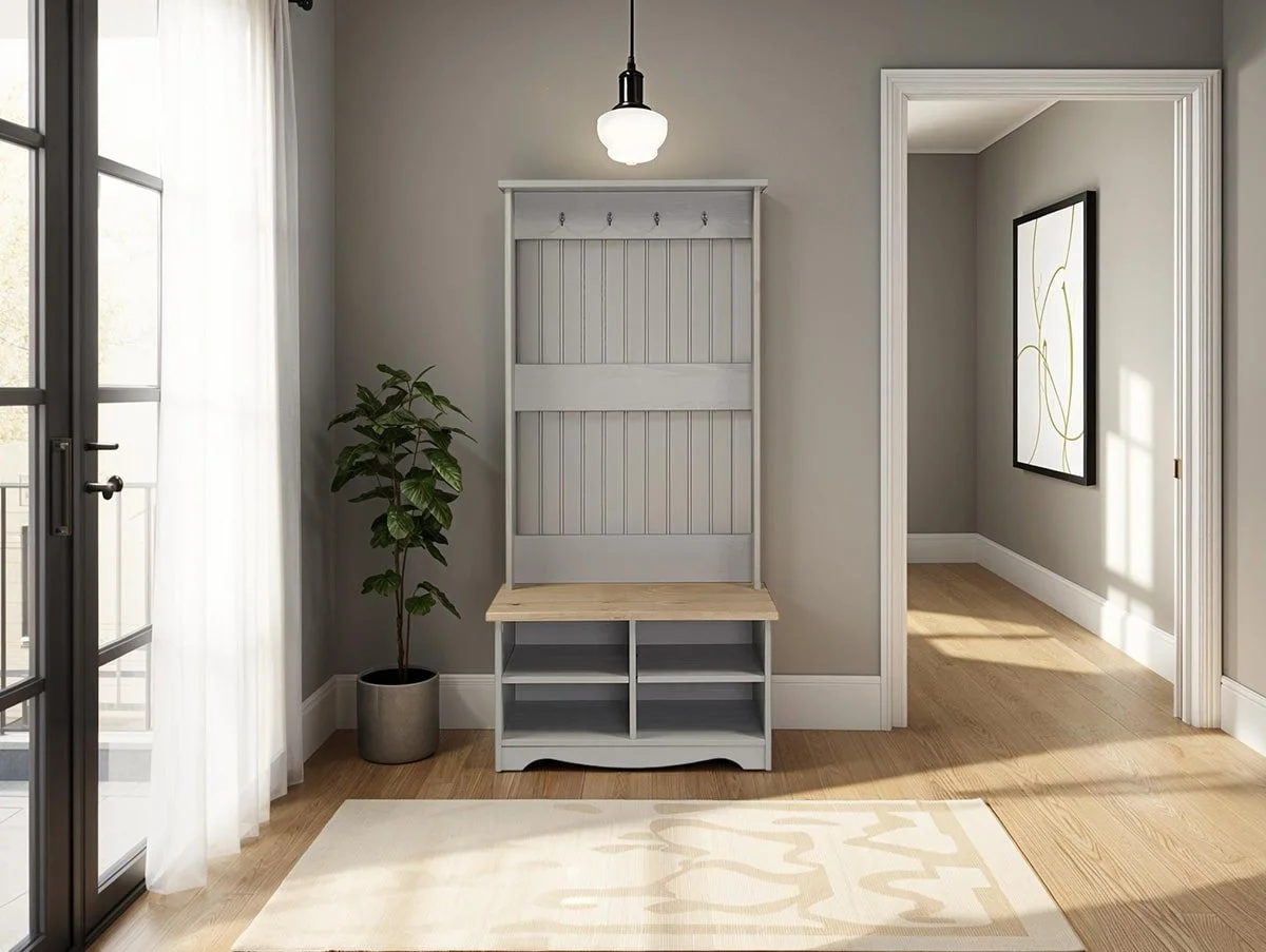 Core Core Corona Grey and Waxed Pine 2 Tier Shoe Bench With Hat & Coat Rack
