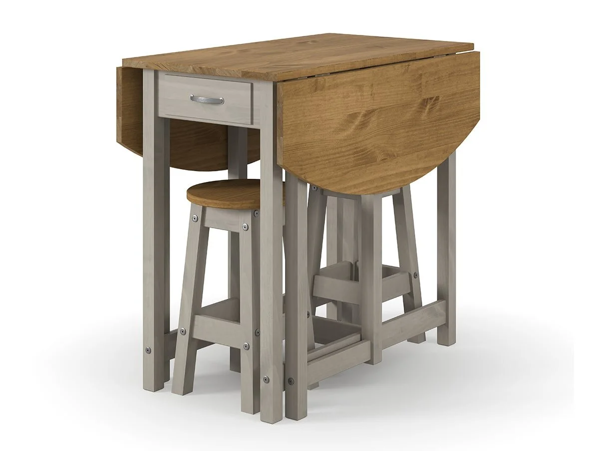 Core Core Corona Grey and Waxed Pine Oval Drop leaf Dining Table & 2 Stool Set