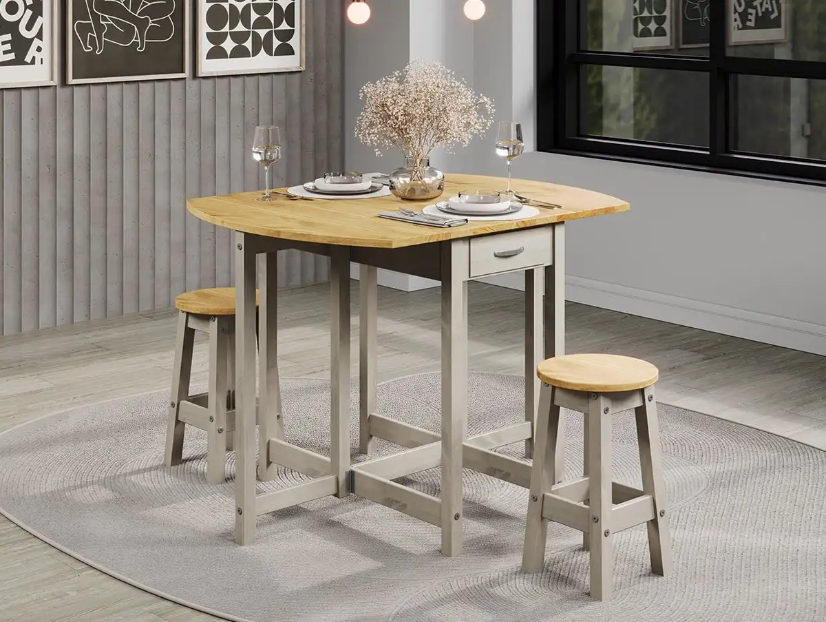 Core Core Corona Grey and Waxed Pine Oval Drop leaf Dining Table & 2 Stool Set