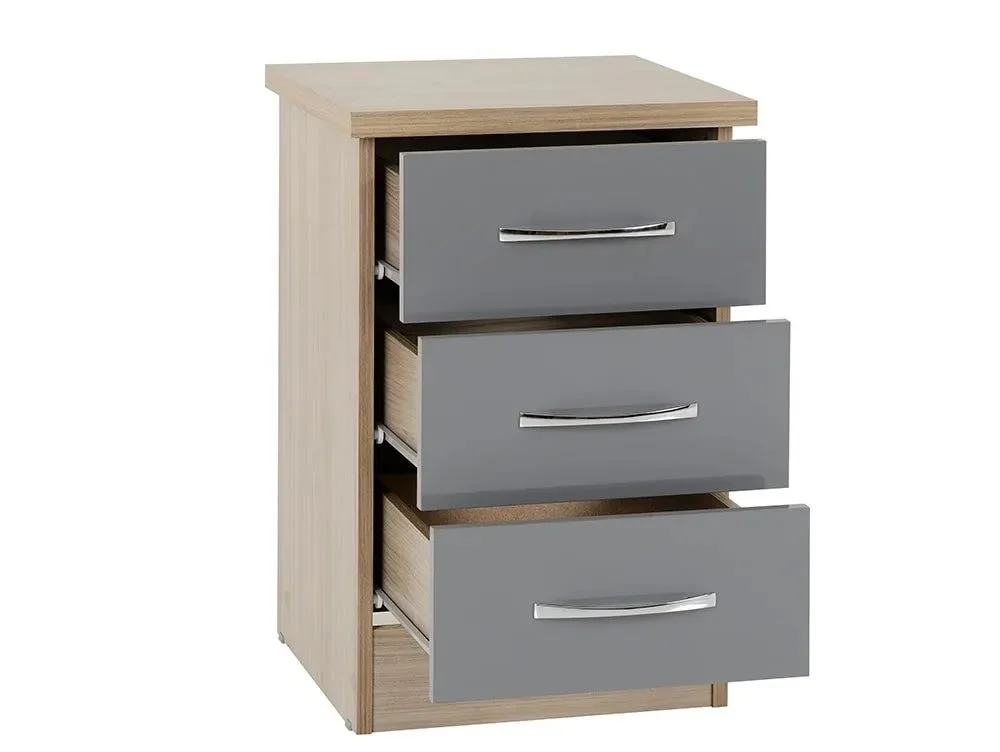 Seconique Clearance - Seconique Nevada Grey Gloss and Oak 3 Drawer Bedside Table