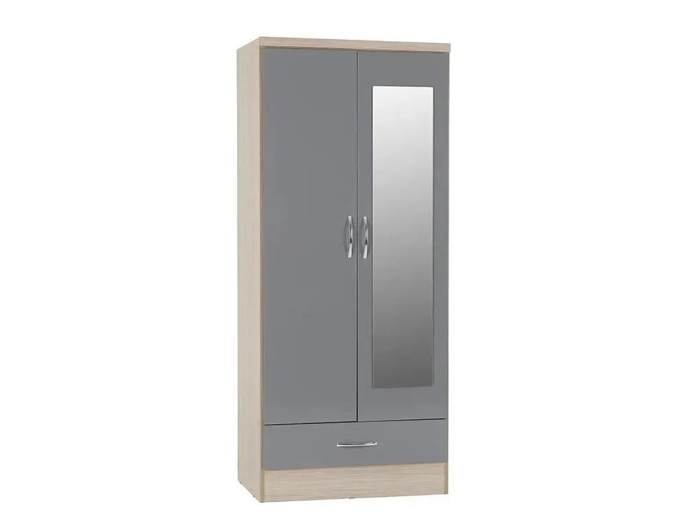 Seconique Clearance - Seconique Nevada Grey Gloss and Oak 2 Door 1 Drawer Mirrored Wardrobe