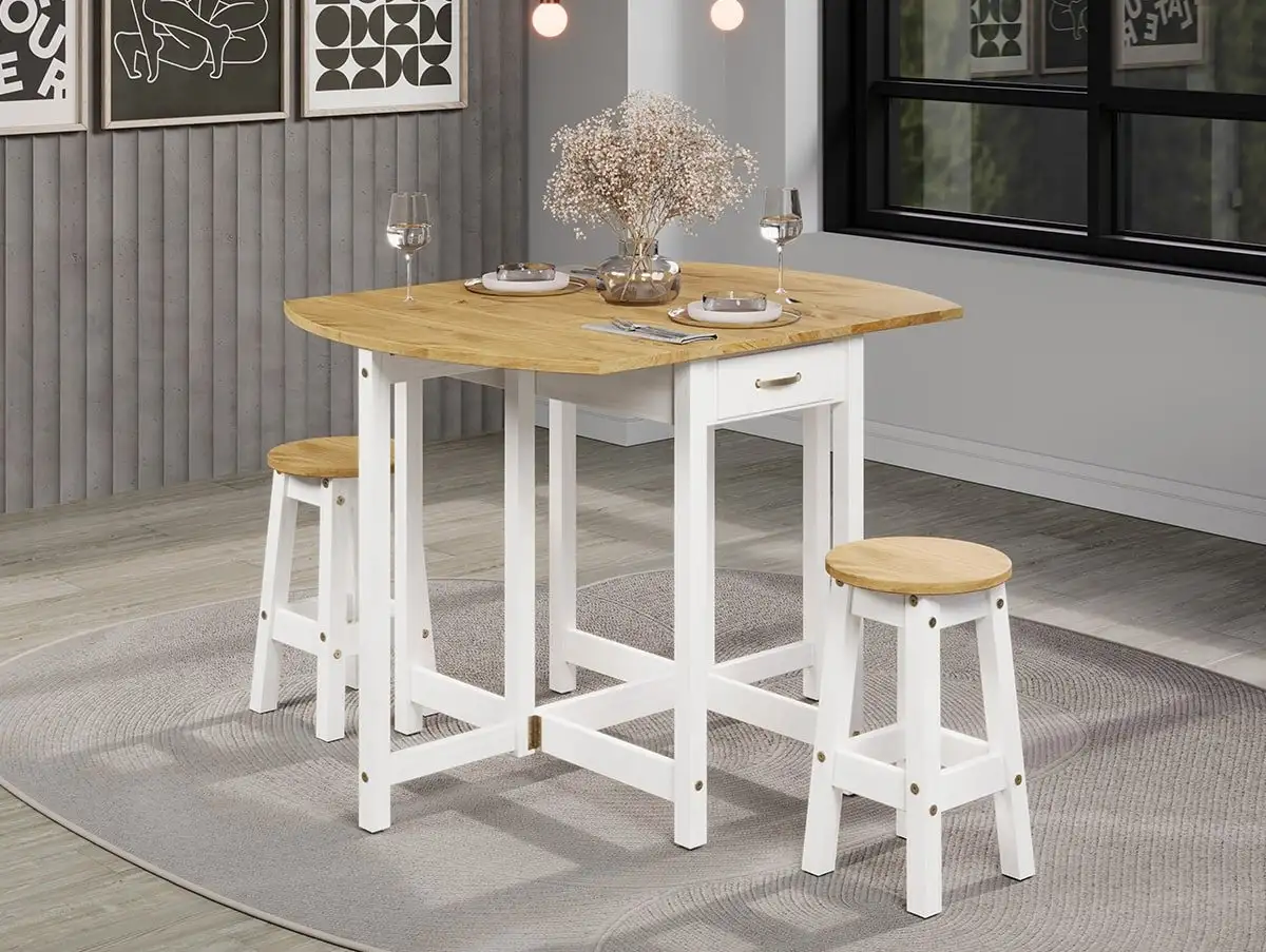 Core Core Corona White Oval Breakfast Drop Leaf Table and 2 Stools Set