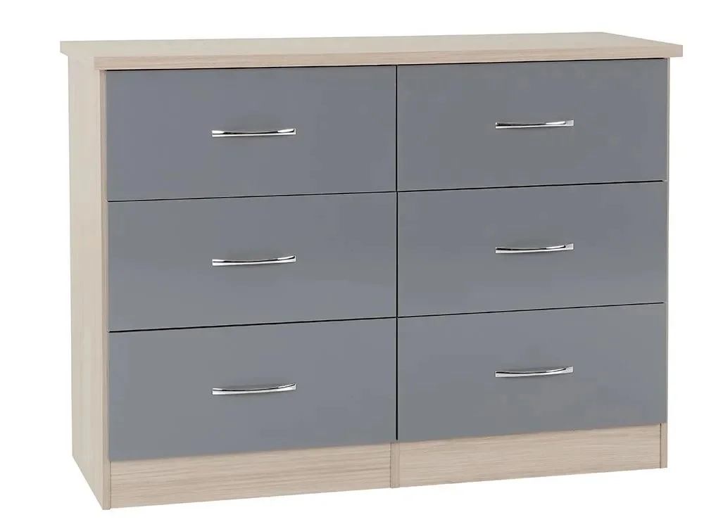 Seconique Clearance - Seconique Nevada Grey Gloss and Oak 3+3 Drawer Chest of Drawers