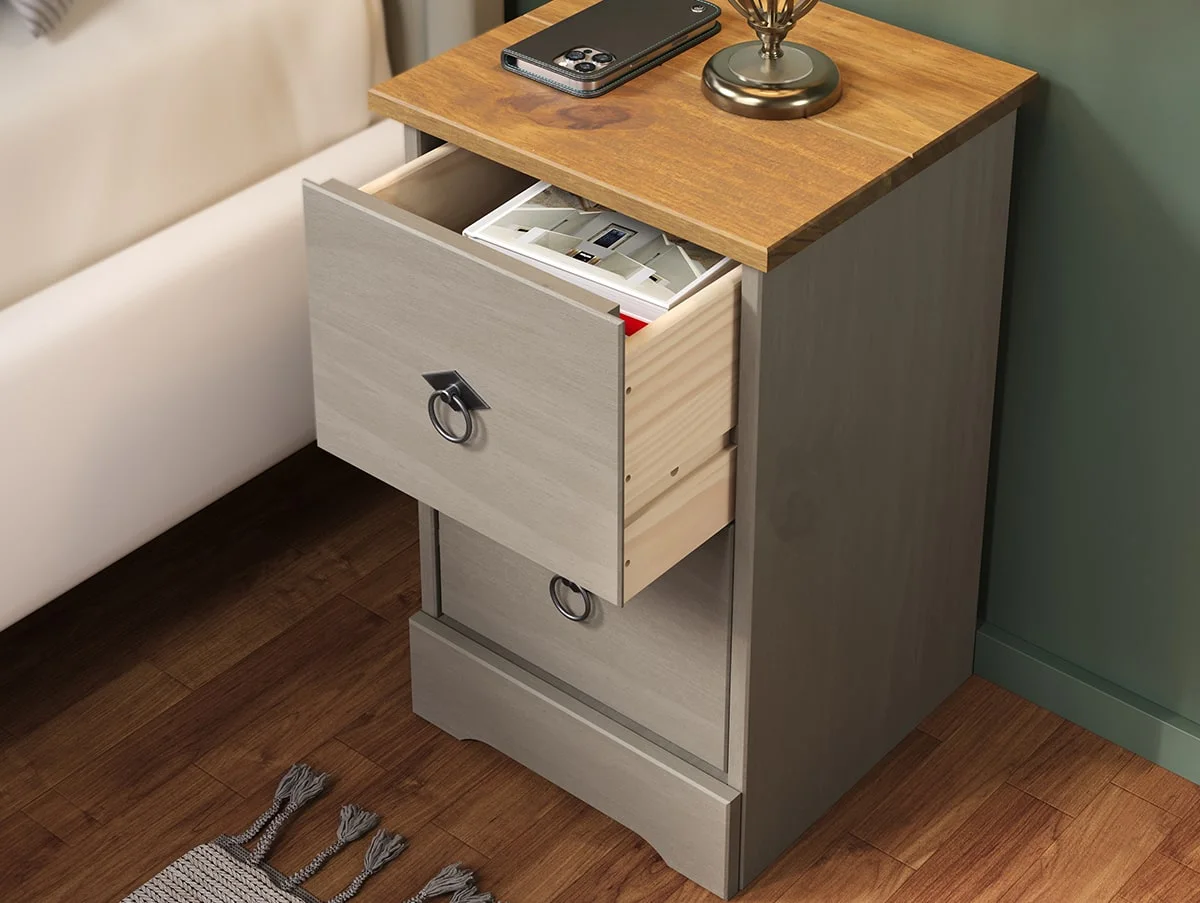 Core Core Corona Compact Grey and Waxed Pine 2 Drawer Bedside Table